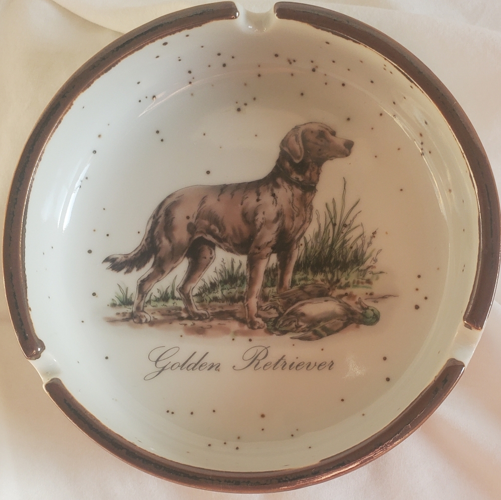 Enesco Vtg Golden Retriever Mallard Duck Speckled Ceramic Ashtray Trinket Bowl